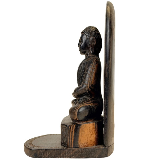 Buda de madera de calamandro de Sri Lanka en Dhyana Mudra con aureola – Lote 756 – Esculturas (photo 6 of 8)