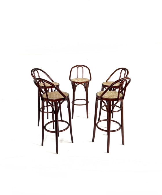 Image 1 of 5x vintage webbing bar stool, Thonet ‘60s style