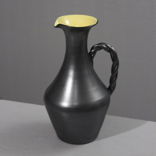 Jarra vintage de cerámica amarilla y satinada negra de los años 50 de Louviers Poteries Normandes