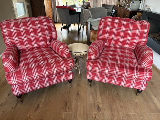 2 englische Sessel mit Rollen, rot kariert – fauteuils, Textile, Wood (photo 2 of 10)