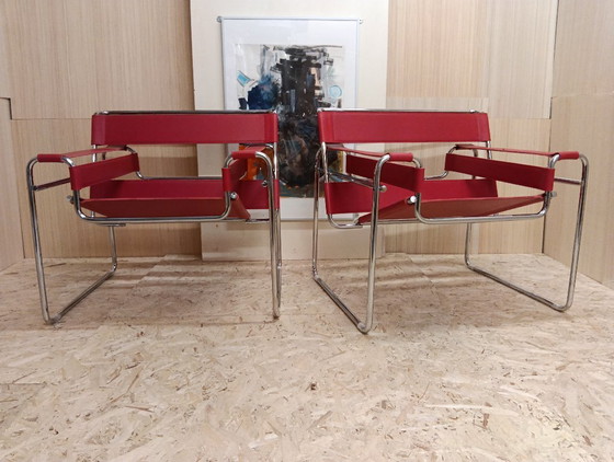 Image 1 of KNOLL Studio Set van 2 WASSILY B3 fauteuils (NIEUW) in rood leer