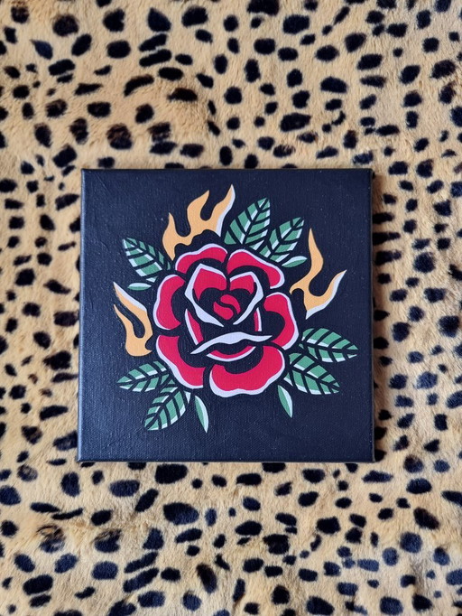 Traditional tattoo style rose hand-painted 20x20 modern contemporary art
