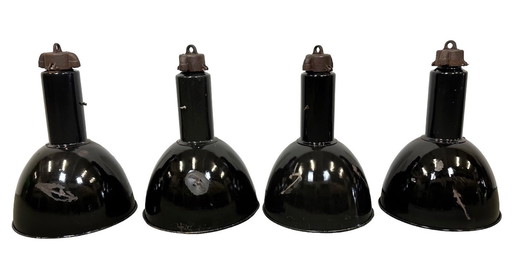 Set of 4 Industrial Bauhaus Black Enamel Pendant Lamps, 1950s