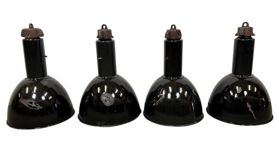 Image 1 of Set of 4 Industrial Bauhaus Black Enamel Pendant Lamps, 1950s