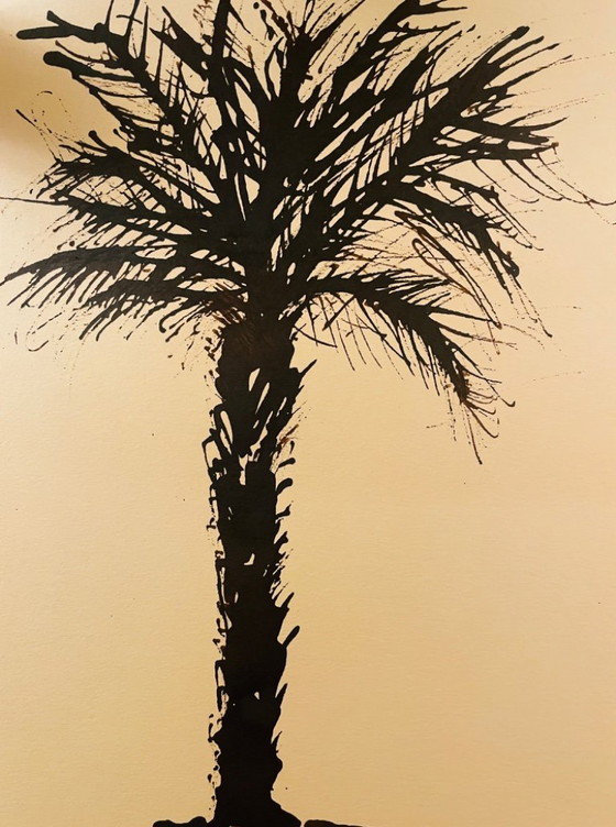 Image 1 of Acuarela monocromática firmada "Palmera al atardecer"