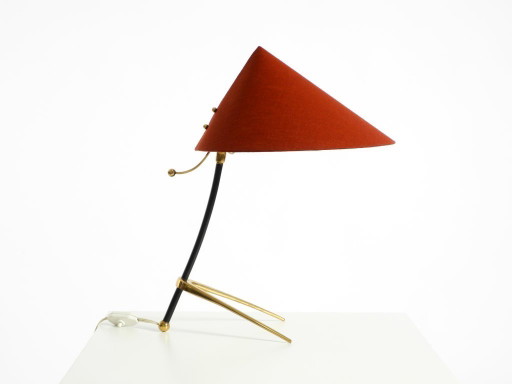 Beautiful, large, original Kalmar Mid-Century Modern tripod brass table lamp with a new fabric shade
