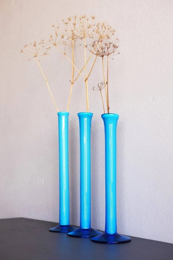Image 1 of Vintage tall handblown orchid vases in azure blue by Artur Percy for Gullaskruf, 1970s, set of 3