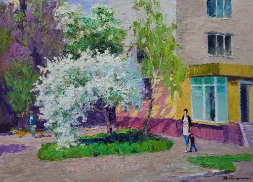 Original Oil Painting City Motif Spring Walk Around the City – schilderijen tekeningen, Canvas