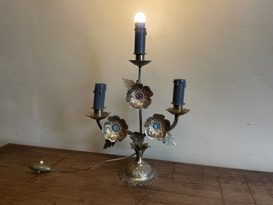 Image 1 of Frivole Schemerlamp Tafellamp Met Bloemen En Kralen Messing Frans