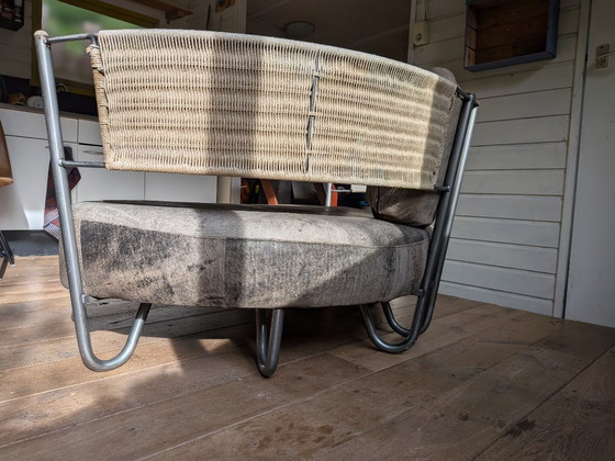 Curved Loveseats with metal frame and woven backrest, Textile, Grey, Modern (photo 6 of 9)