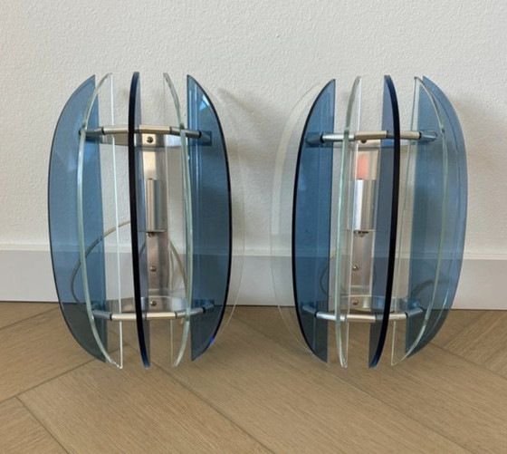 Image 1 of Pair of VECA Italian Wall Lamps for Fontana Arte - Chromed Steel and Crystal Glass - 1960s