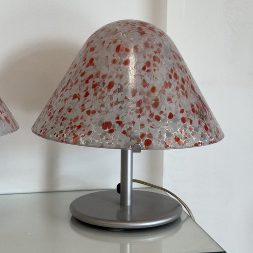 Pair of Mushroom Lamps AV Mazzega Murano 1970s Vintage Spotted Red Lampshade – tafellampen, Murano Glass (photo 2 of 11)