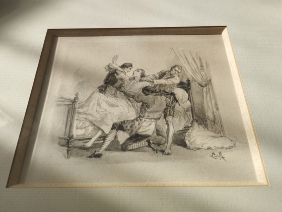 Image 1 of Pain. Black and white engraving, marquetry wood frame