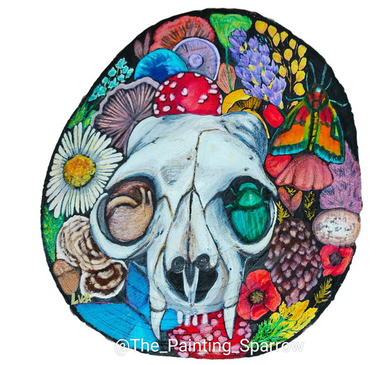 Image 1 of Disco de madera de tronco de árbol con pintura: calavera y naturaleza: setas, insectos