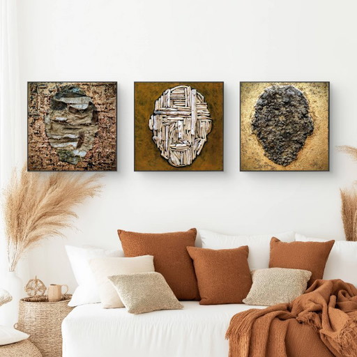 Facial Variations – 3 Wall Objects with Relief, Linen and Driftwood (each item 60 × 60 × 4 cm)