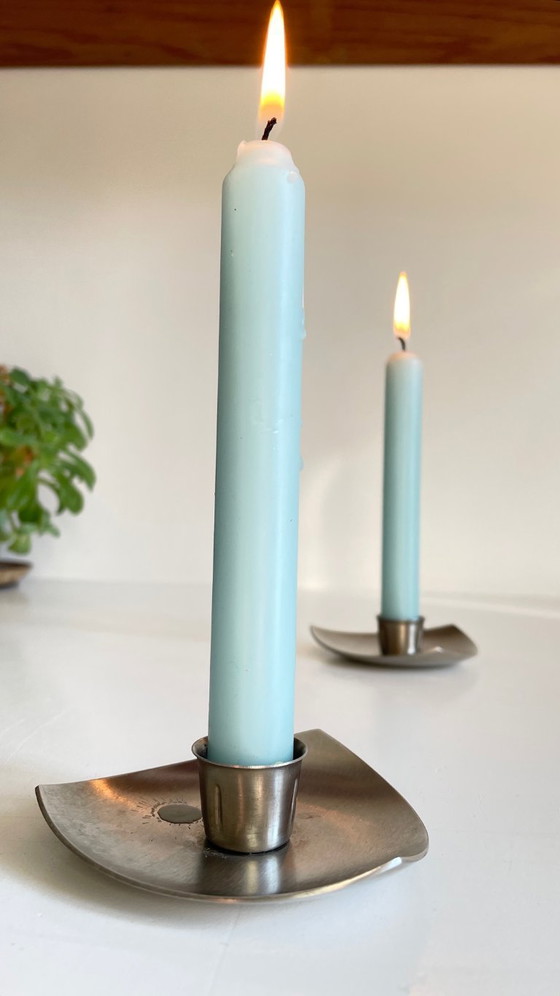 Image 1 of Vintage brushed metal geometric candlesticks