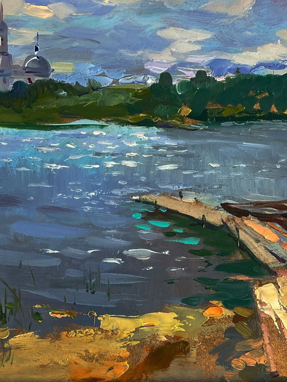 Image 1 of Origineel olieverfschilderij: Natuurlandschap, Kerk, Boot, Zomer, Vissen op de rivier
