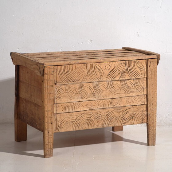 Antieke volksgesneden kist van grenenhout – Centraal-Europa, circa 1850 – Opbergkast, Rustic (photo 7 of 40)