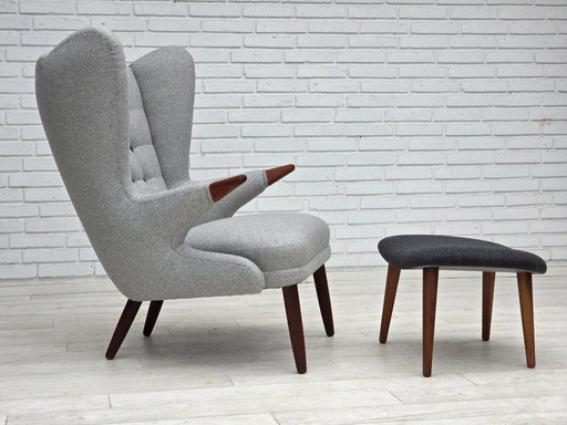 1960er Jahre, dänischer „Teddy-Stuhl“ mit Hocker, neu gepolstert, Wolle, Teakholz.