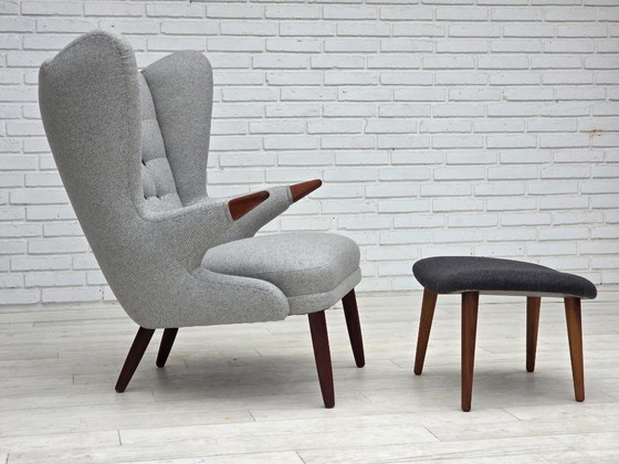 Image 1 of 1960er Jahre, dänischer „Teddy-Stuhl“ mit Hocker, neu gepolstert, Wolle, Teakholz.
