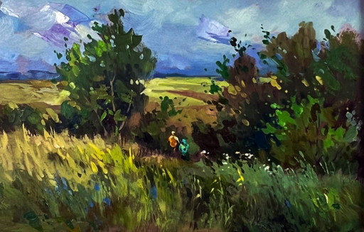Original Oil Painting Nature Summer Landscape A Walk through Cloudy Nature