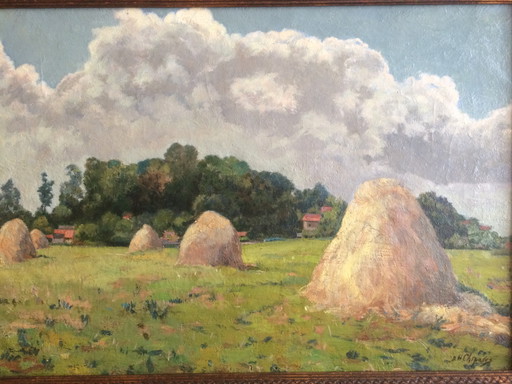 Schilderij van Artdeco-kunstenaar Demeter Haralamb Chiparus (1886-1947) "Paysage Aux Meules De Foin" ("Hooibergenlandschap")