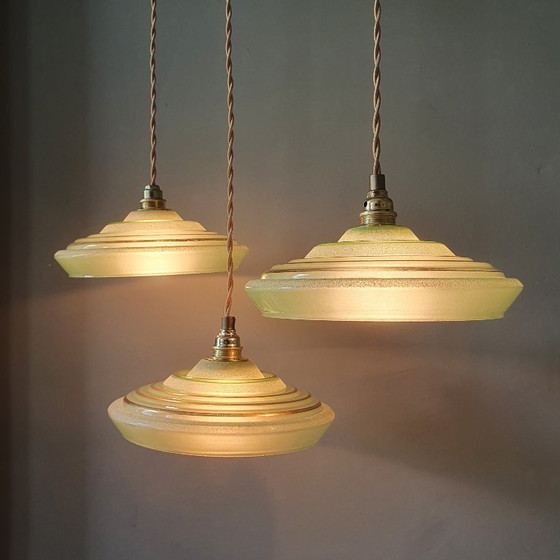 Set of 3 Antique Pendant Lights of Opaline Glass in Green, with Crushed Glass and Gold Decoration (photo 12 of 20)
