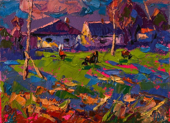 Original Oil Painting Rural Sunset Landscape Purple Evening In The Village – Paintings & Drawings, Canvas (photo 3 of 8)