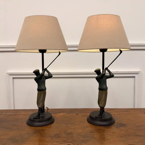 Set di Lampade da Tavolo Golfers in Bronzo, Legno, Klassiek (foto 2 di 9)