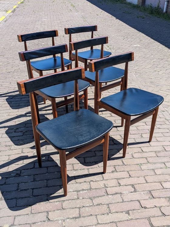 Image 1 of Zeldzame Deens Design 'Longette' Eetkamersuite van Hans Olsen voor Frem Røjle – 6 Nestbare Stoelen