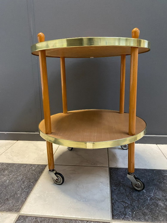 Image 1 of Wood Round Serving Trolley Side Table 1960s