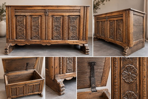 Baúl antiguo de madera con hermosas tallas – mueble con carácter