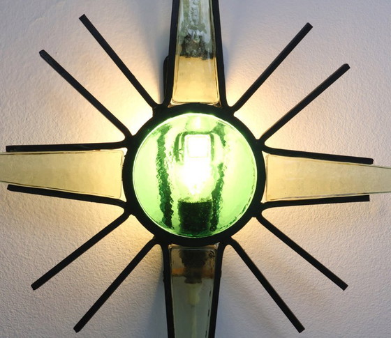 Image 1 of Vintage metal sunburst wall lamp with green glass, 1960s