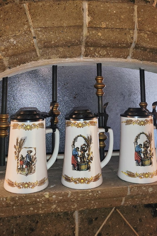 Set aus 3 weißen Keramik-Bierkrügen (500 ml) mit Metalldeckel, Motiv: Ährenblatt – tafelwaar, Ceramic