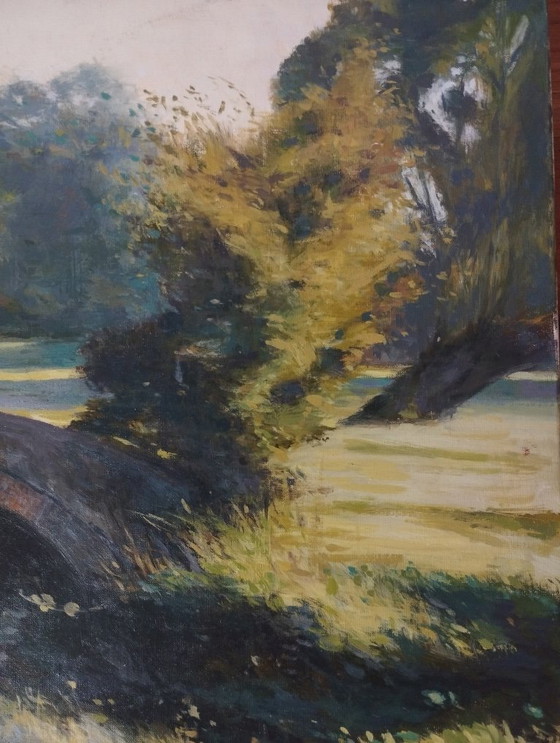 Image 1 of Old brick bridge in Normandy - Signed oil painting