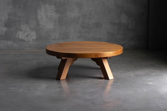 Image 1 of Brutalist Oak Round Coffee Table, France, 1950s