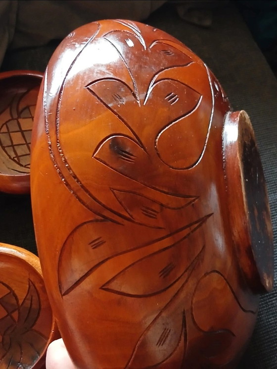 Image 1 of Vintage handgestoken teakhouten saladeset