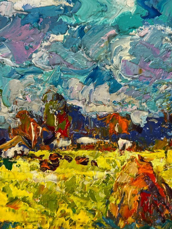 Image 1 of Pintura al óleo original: Paisaje natural de un prado. Ha llegado el principio del otoño.