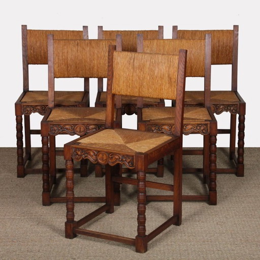 Suite de 6 chaises paillées en bois massif, travail français, 1950