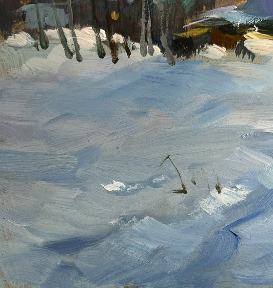 Image 1 of Original Oil Painting Winter Church Landscape View of the monastery in the evening