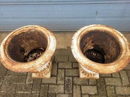 Brocante gietijzeren urn voor tuin plantenbak, Wit, Vintage (foto 3 van 7)