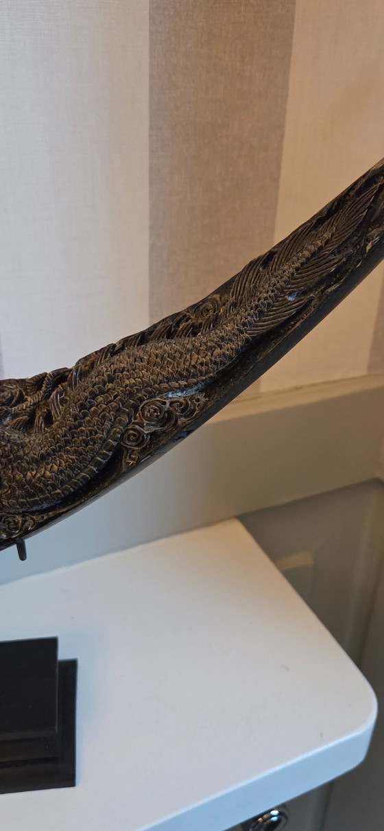 Image 1 of Large carved buffalo horn on a base (ref 4168)