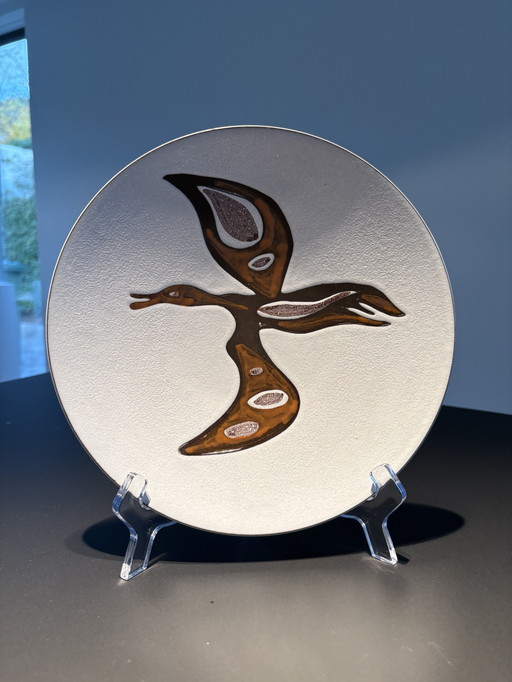 Ciotola decorativa anni '60, ceramica bianca con uccello stilizzato