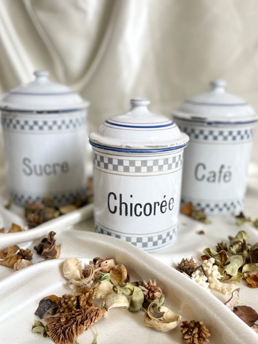 Ensemble de décoration de cuisine rétro : boîtes en émail vintage – café, chicorée, sucre – années 1930-1940