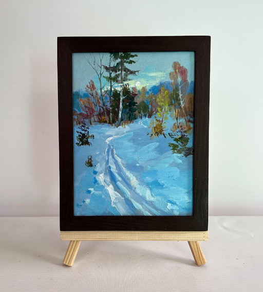 Original Oil Painting Winter Forest Landscape Winter sunset in the forest