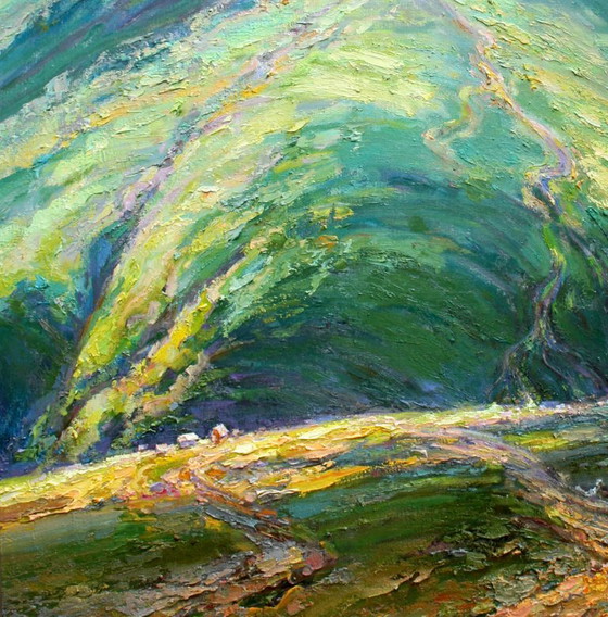 Original Oil Painting Landscape Nature Valley High In The Mountains – Paintings & Drawings, Canvas (photo 4 of 5)