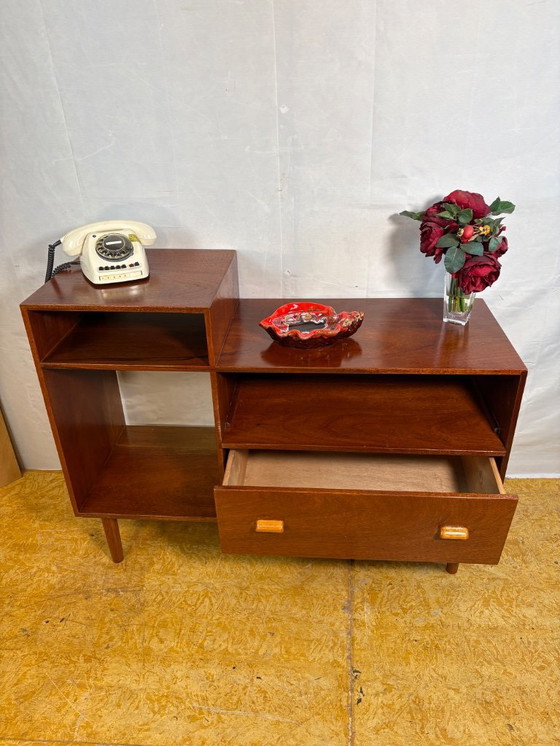 Image 1 of Mid Century Retro Teak Telephone Seat / Media Cabinet (Circa 1960)  A superb mid century vintage teak telephone seat dating from