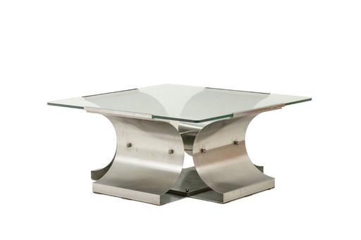 François Monnet, for Kappa. Brushed steel and glass coffee table. 1970