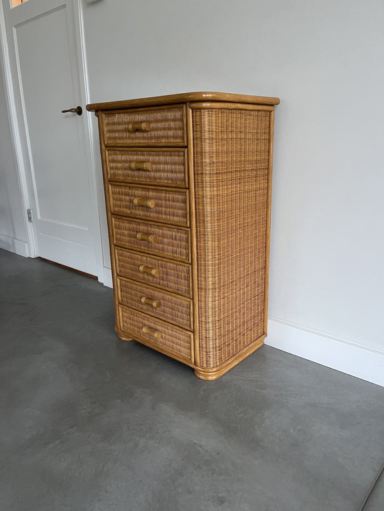 Image 1 of Vintage Wooden And Rattan Chest of Drawers (1970s)