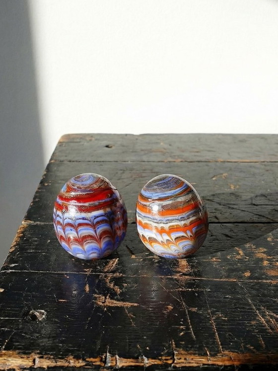 Image 1 of Pair of vintage Murano glass eggs, blown from a cane, circa 1950